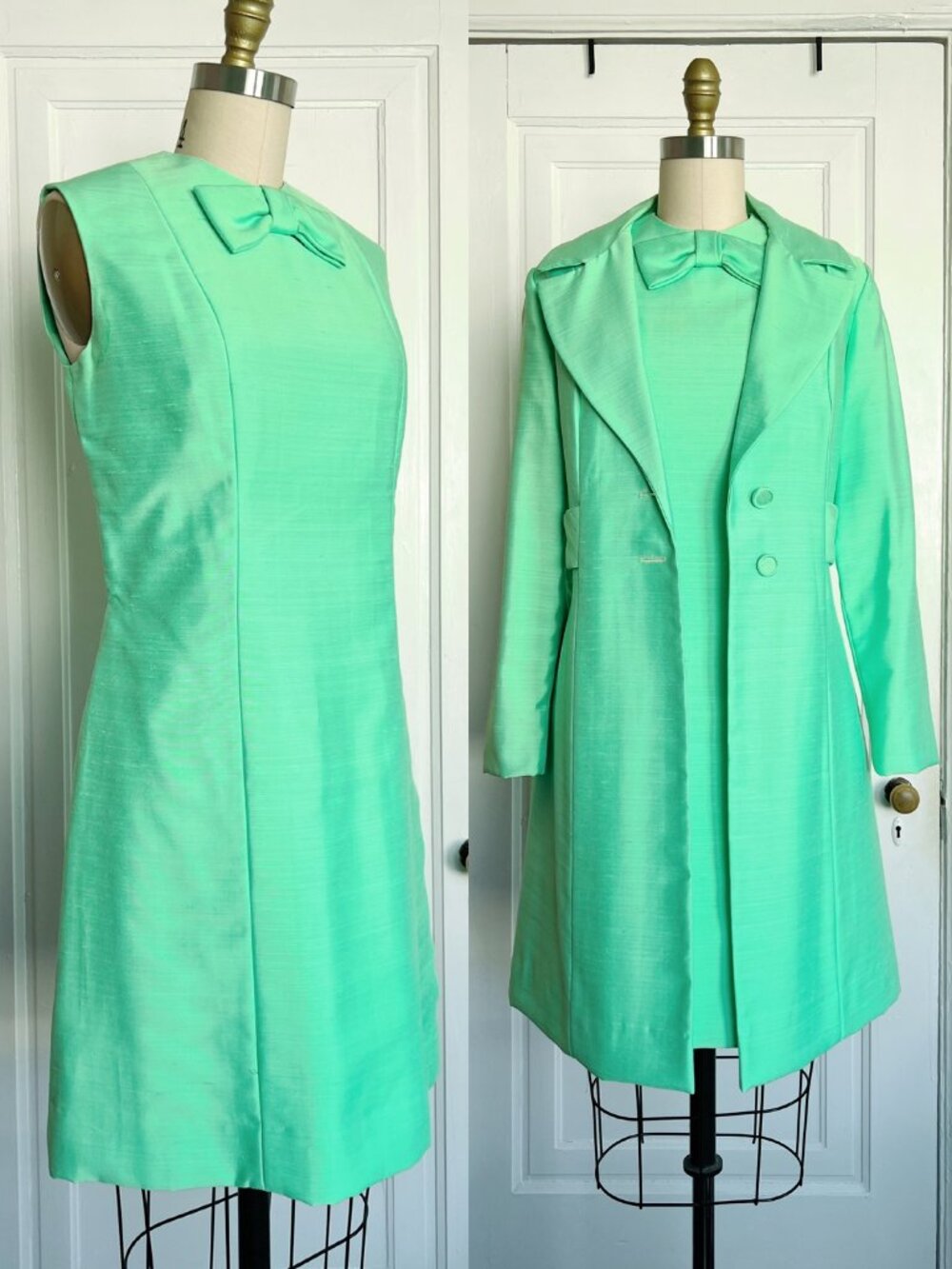 vintage β’ 1960s dress coat set Sandine Originals lime green faux silk mod mini